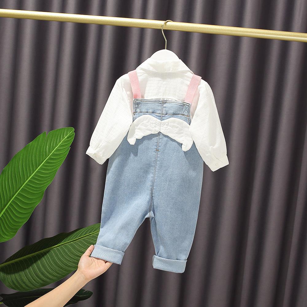 9months-5years Toddler Girl Sets Shirt & Wings Denim Suspenders Jeans Toddler Girl Spring Clothes - PrettyKid