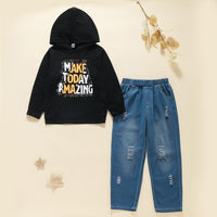 Children Boys Cotton Black Letter Top Jeans Set - PrettyKid