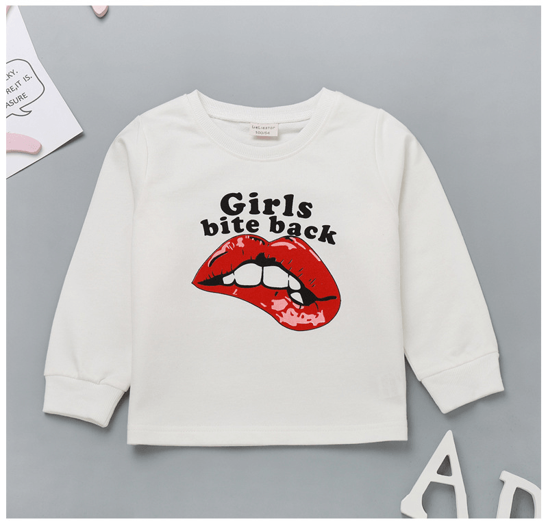 Toddler Kids Solid Letter / Lip Print Crew Neck Long Sleeve Sweater Bottoms - PrettyKid