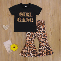 Toddler Girl Letter Print T-shirt & Leopard Print Bell-Bottom Pants - PrettyKid