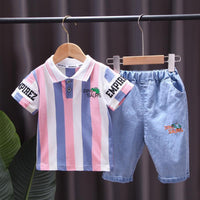 Toddler Boy Letter Print Striped POLO Shirt & Shorts - PrettyKid