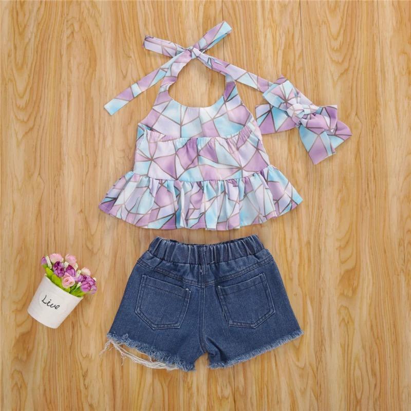 Grow Boy Geometric Pattern Top & Denim Shorts & Headband - PrettyKid