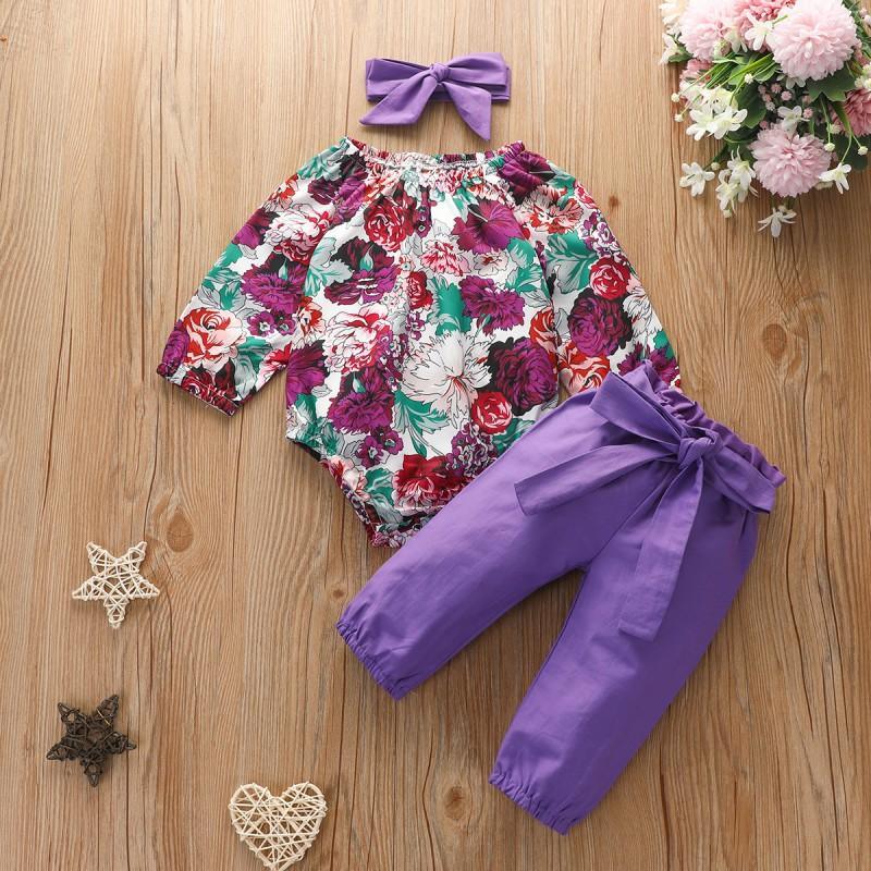 3-piece Floral Printed Bodysuit & Pants & Headband for Baby Girl Wholesale children's clothing - PrettyKid