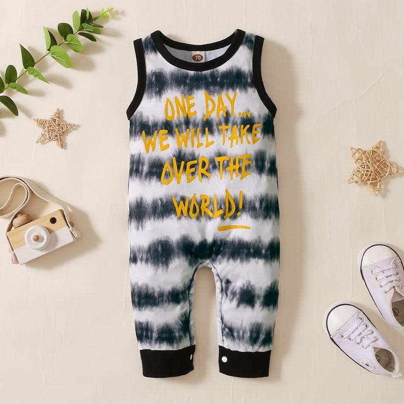 Baby Boy Letter Print Tie Dye Sleeveless Jumpsuit - PrettyKid