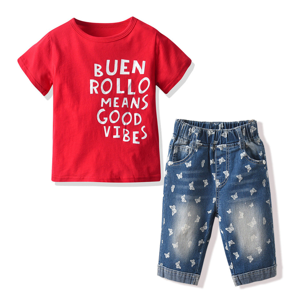 18M-6Y Letter Print Butterfly Print Jeans Casual Set Wholesale Toddler Boy Clothes - PrettyKid