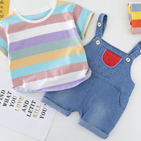 Toddler Boy Striped T-shirt & Watermelon Pattern Kangaroo Pocket Overalls - PrettyKid