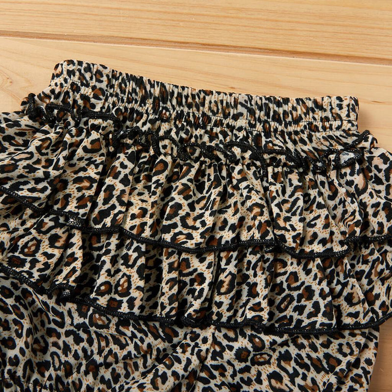 3-piece Denim Layered Flounced Top and Leopard Print Shorts Set - PrettyKid