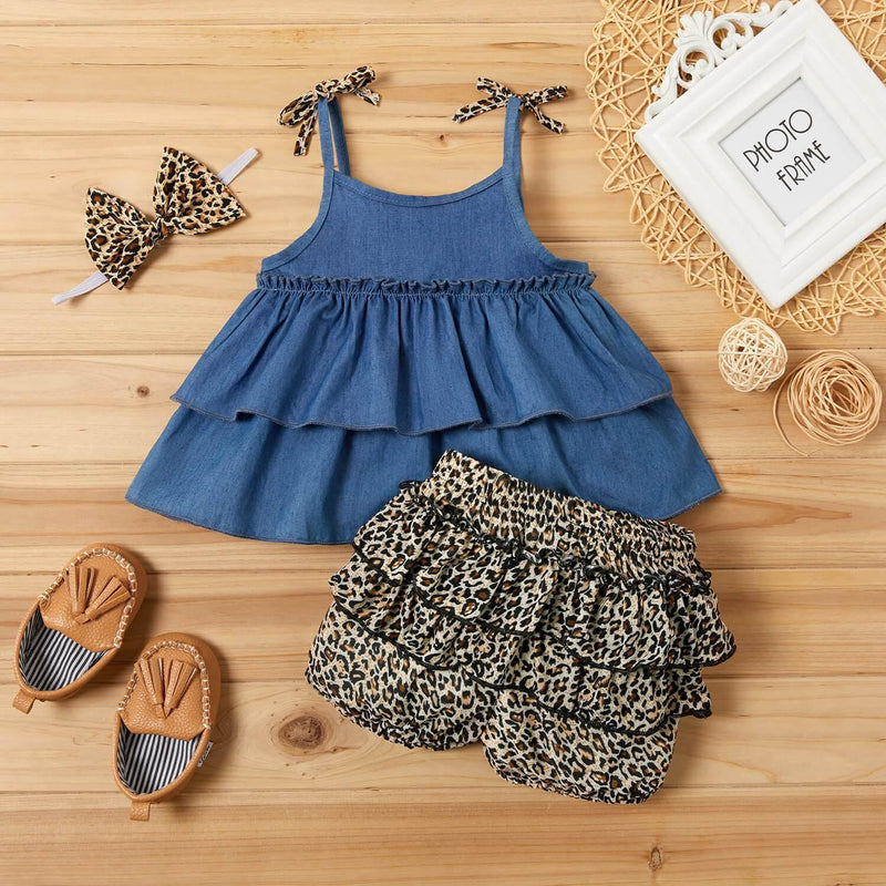 3-piece Denim Layered Flounced Top and Leopard Print Shorts Set - PrettyKid