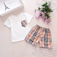 Classic Solid Short-sleeve Tee and Plaid Shorts Set Children's clothing wholesale - PrettyKid