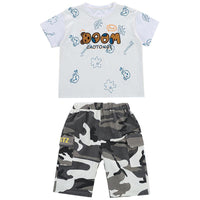 Kid Boy Letter Cartoon Pattern Top & Camouflage Shorts - PrettyKid