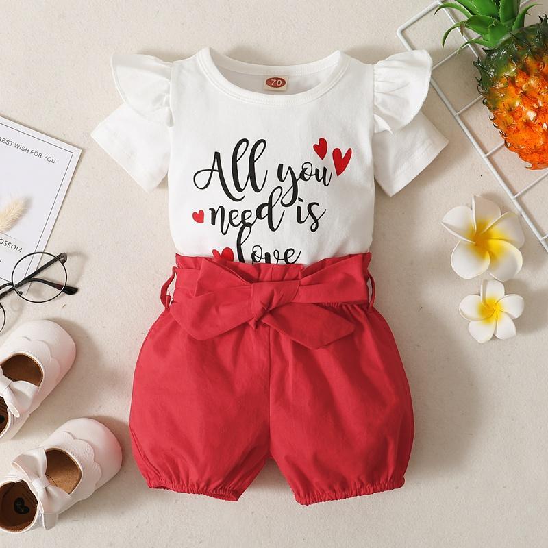 Baby Girl Letter Print Romper & Bowknot Shorts - PrettyKid