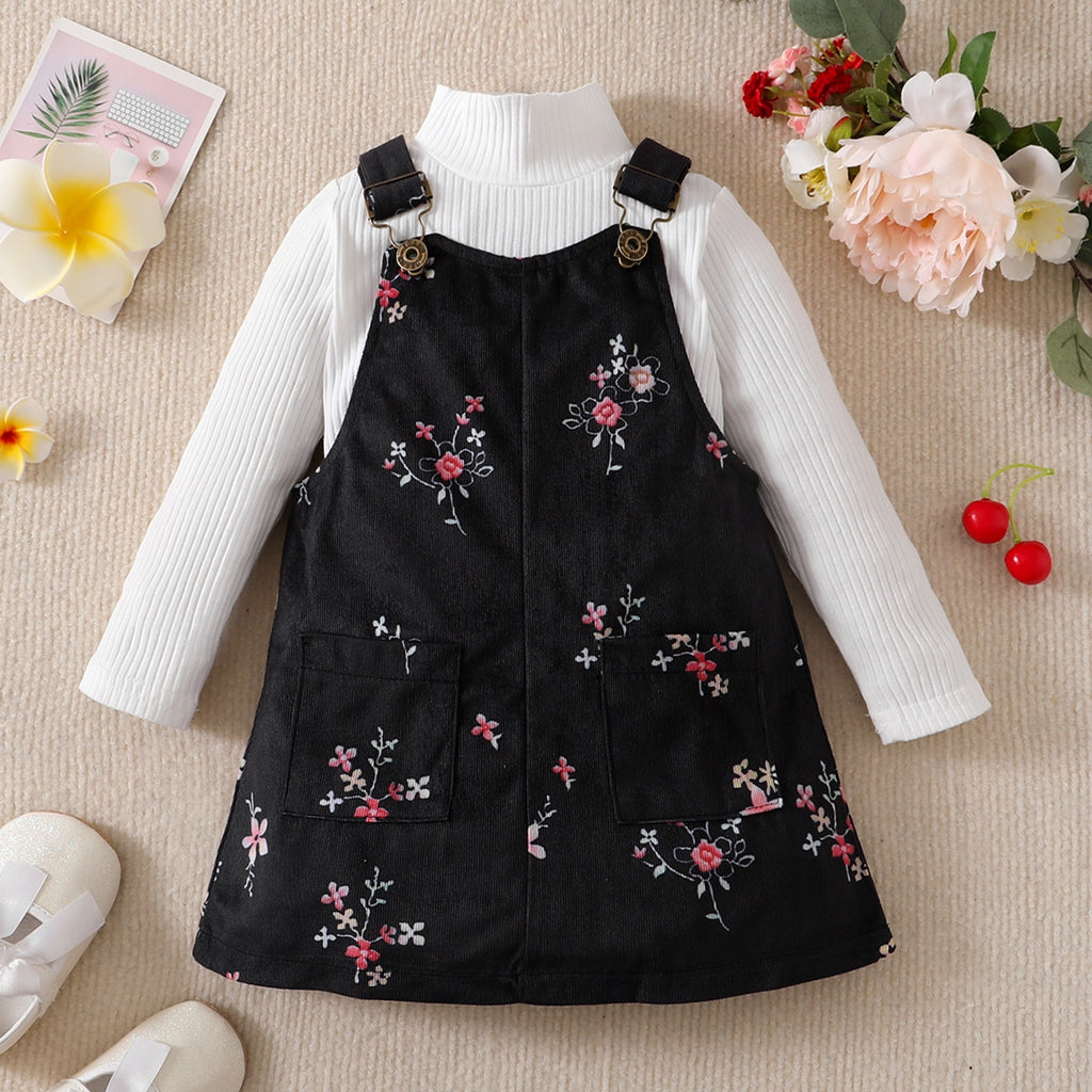 Wholesale Toddler Solid Color T-shirt & Floral Overalls Dress in Bulk - PrettyKid