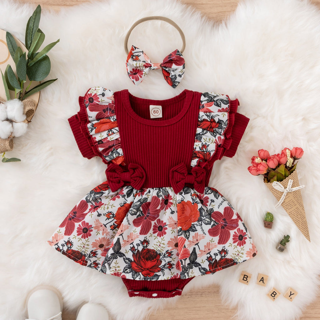 Bowknot Floral Print Ribbed Jumpsuit With Headband Baby Girl Jumpsuit - PrettyKid