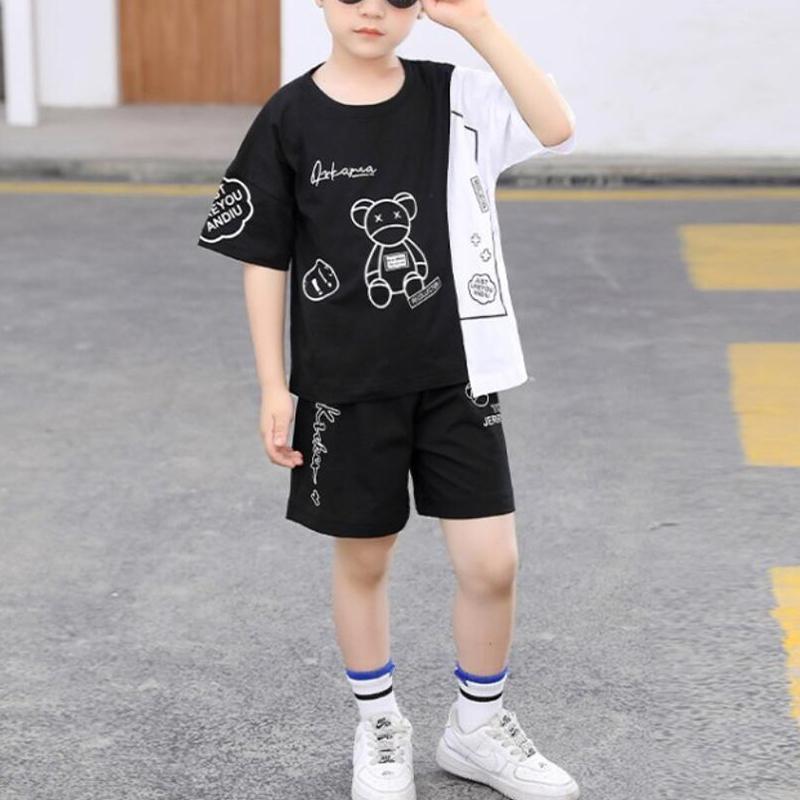 Boy Bear Pattern T-shirt & Letter Pattern Shorts - PrettyKid