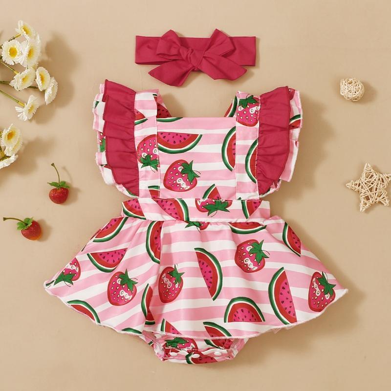 Baby Girl Watermelon Print Bodysuit & Bowknot Headband - PrettyKid