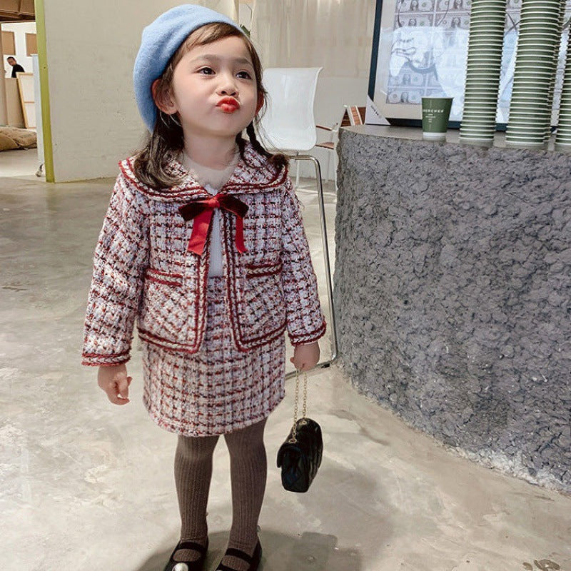 Checked Jackets And Skirt Wholesale Kid Girls Outfits Sets - PrettyKid