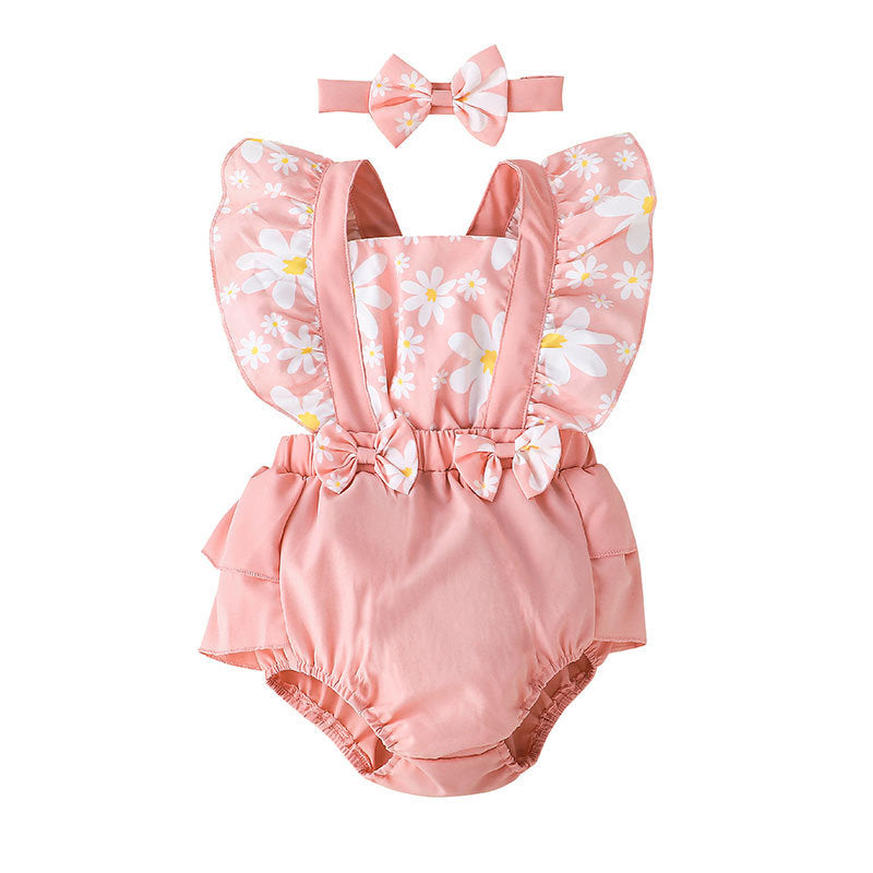 0-18M Baby Girls Flower Flutter Sleeve Bodysuit & Headband Wholesale Baby Boutique Clothing - PrettyKid