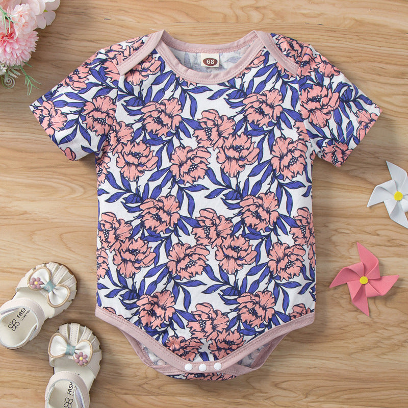 Boys And Girls Floral Printing Short Sleeve Bodysuit Wholesale Baby Onesies - PrettyKid