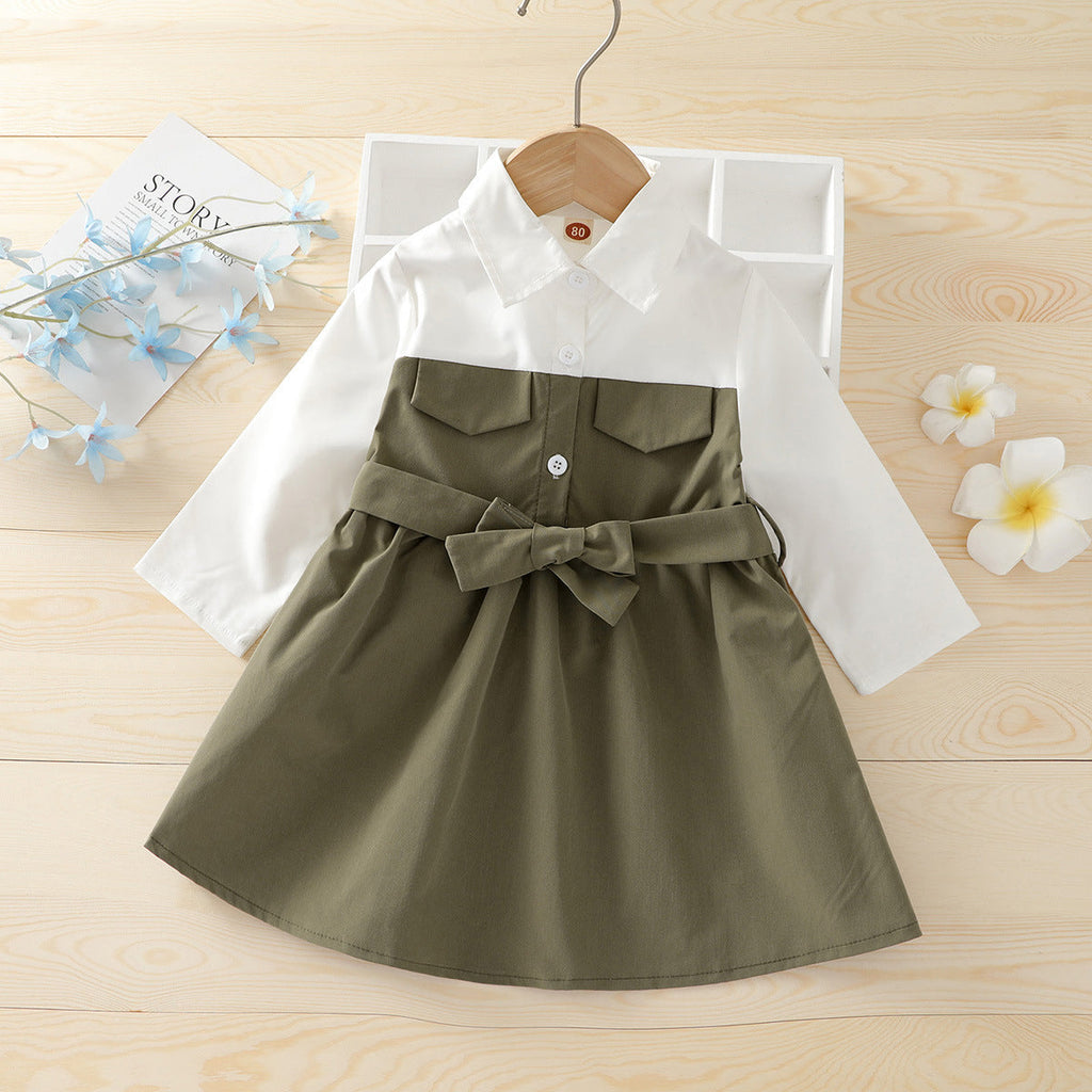 Colorblock Strappy Waist Baby Girl Shirt Dress Wholesale - PrettyKid
