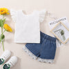 12M-5Y Buttoned Flat Panel Denim Shorts Set With Flying Sleeves Toddler Girl Wholesale Boutique Clothing - PrettyKid