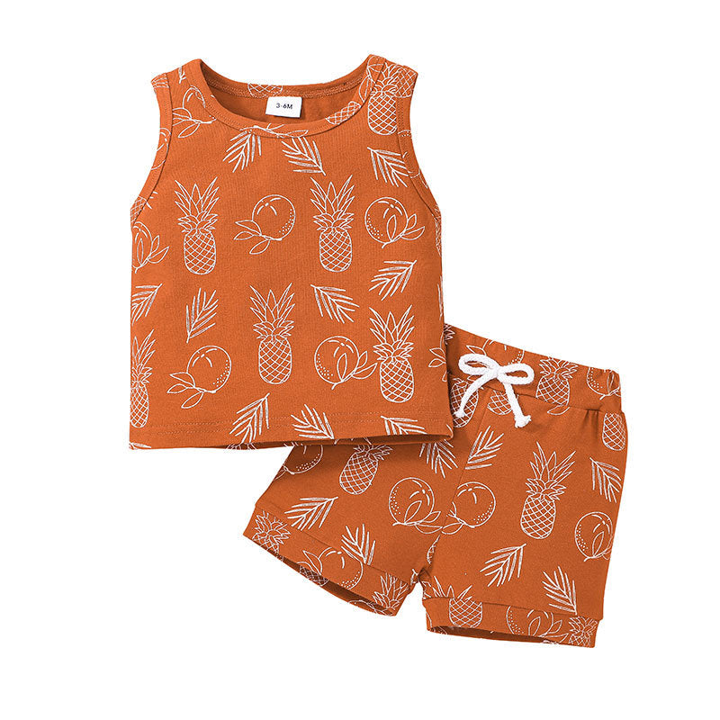 Baby Boy Fruit Print Vest And Pants Two Piece Baby Sets - PrettyKid