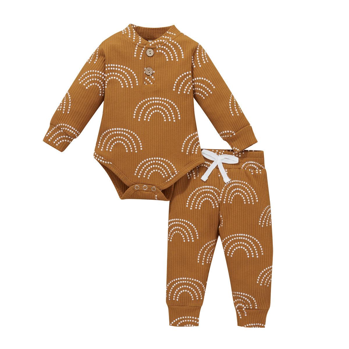 Baby Boy Rainbow Print Ribbed Bodysuit And Pants Two Piece Baby Sets - PrettyKid