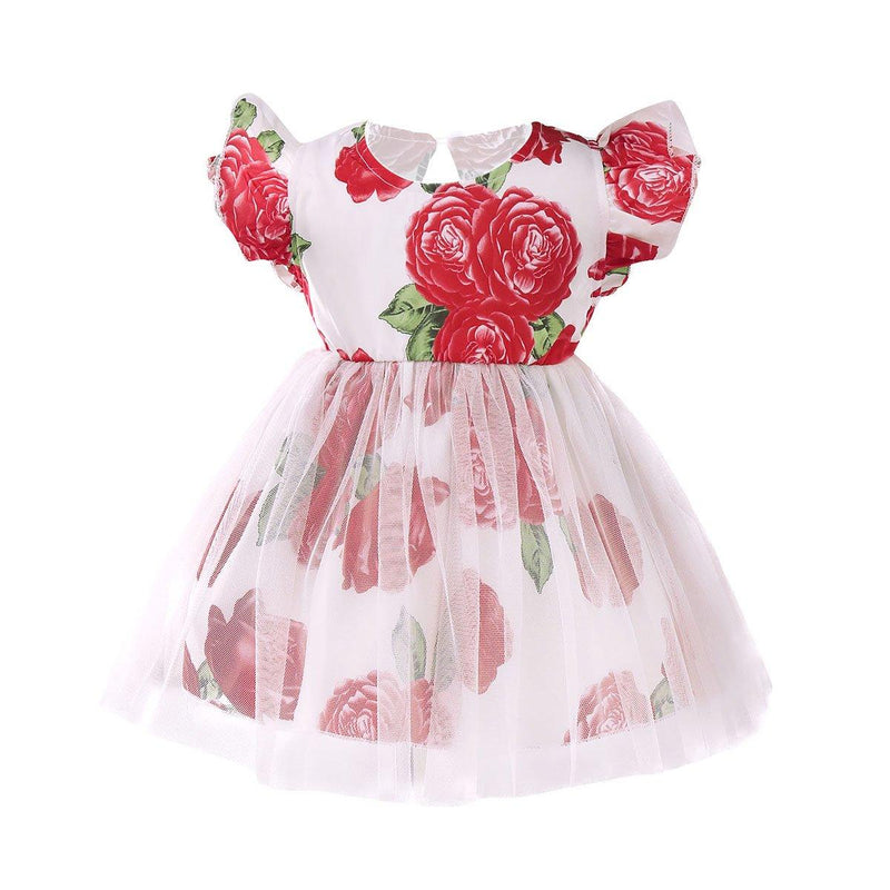 Toddler Girls Fly Sleeve Flower Tutu Skirt Cute Mesh Lace Skirt - PrettyKid