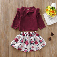 Toddler Girls Solid Color Long Sleeve Top Floral Skirt - PrettyKid