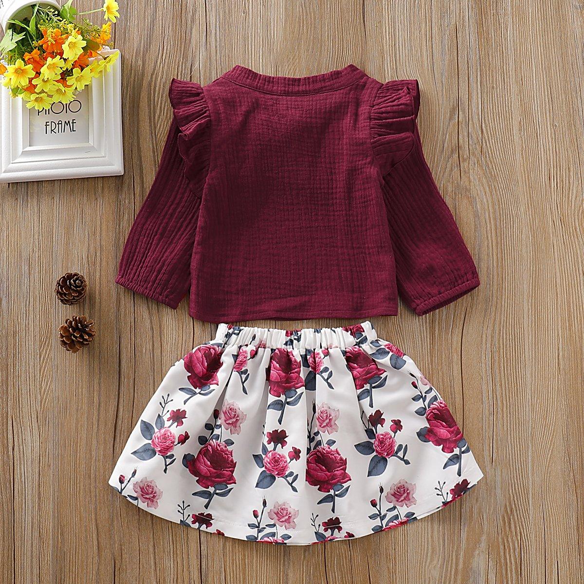 Toddler Girls Solid Color Long Sleeve Top Floral Skirt - PrettyKid