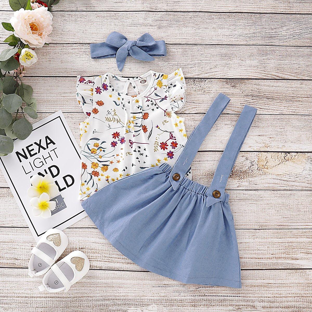 Toddler Girls Fly Sleeve Floral Top Solid Color Denim Suspender Dress - PrettyKid