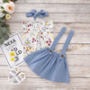 Toddler Girls Fly Sleeve Floral Top Solid Color Denim Suspender Dress - PrettyKid