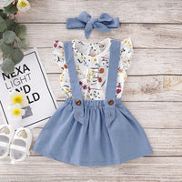 Toddler Girls Fly Sleeve Floral Top Solid Color Denim Suspender Dress - PrettyKid