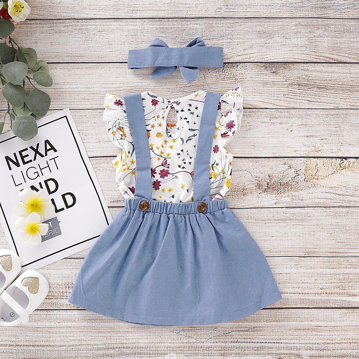 Toddler Girls Fly Sleeve Floral Top Solid Color Denim Suspender Dress - PrettyKid