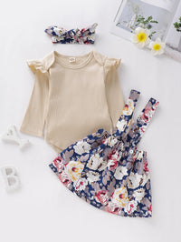 Baby Girls Solid Color Long Sleeve Top & Floral Suspender Skirt - PrettyKid