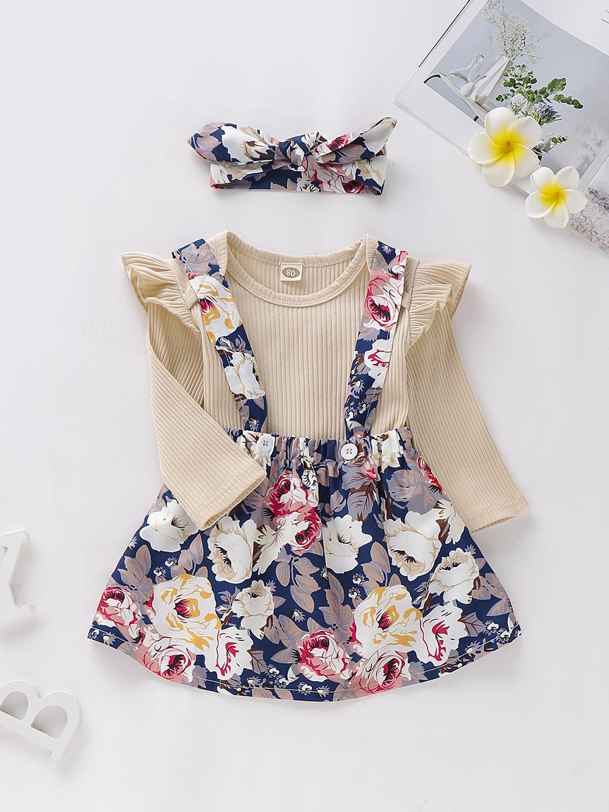 Baby Girls Solid Color Long Sleeve Top & Floral Suspender Skirt - PrettyKid