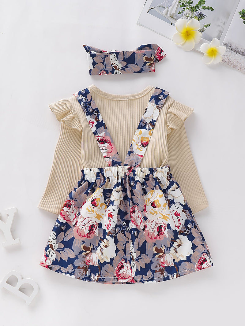 Baby Girls Solid Color Long Sleeve Top & Floral Suspender Skirt - PrettyKid
