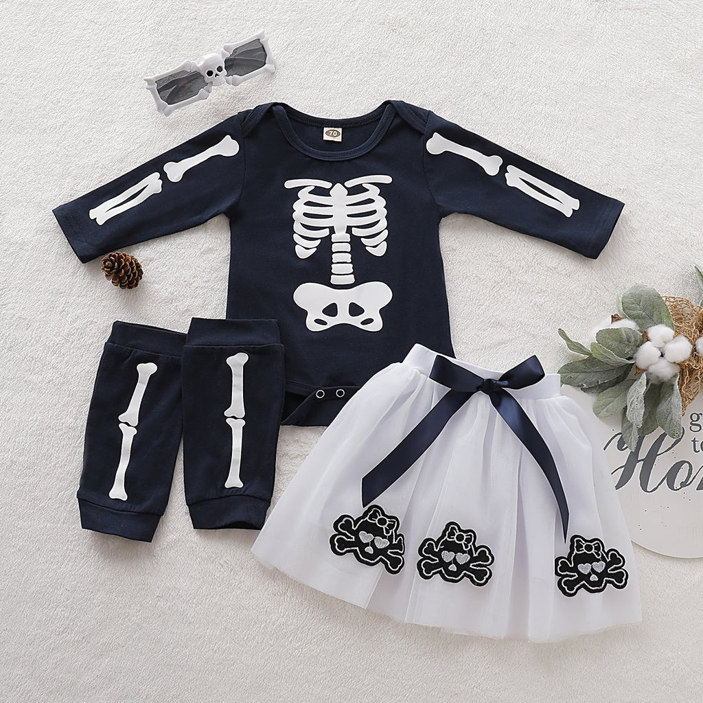 Toddler Girls Halloween Solid Color Long Sleeve Skull Print Dress - PrettyKid