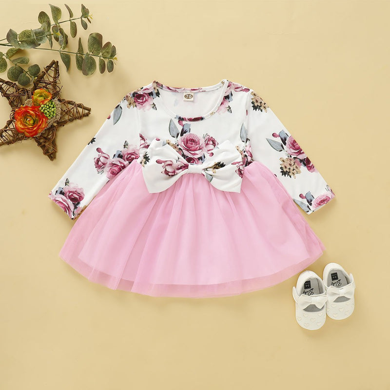 Toddler Girls Long Sleeve Rose Mesh Skirt Floral splice Dress - PrettyKid