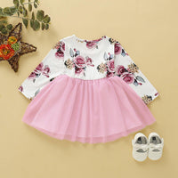 Toddler Girls Long Sleeve Rose Mesh Skirt Floral splice Dress - PrettyKid