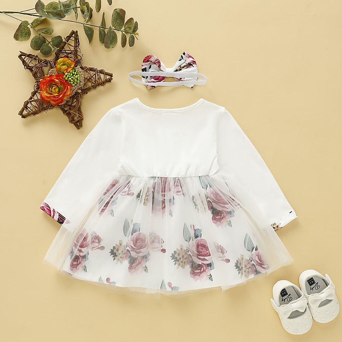 Toddler Girls Long Sleeve Rose Mesh Skirt Floral splice Dress - PrettyKid