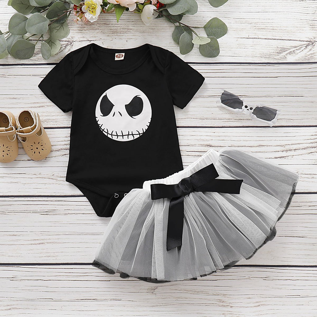 Toddler Girls 2-Piece Solid Color Short Sleeve Skull Print Mesh Dress - PrettyKid