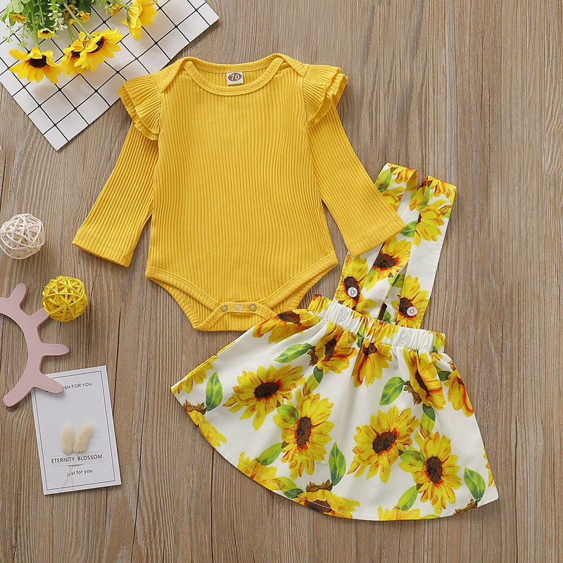 Toddler Girls Solid Color Top & Sunflower Print Suspender Skirt - PrettyKid