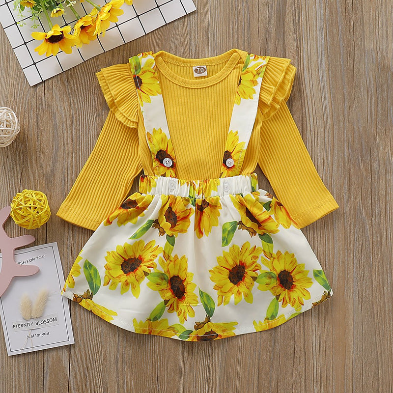 Toddler Girls Solid Color Top & Sunflower Print Suspender Skirt - PrettyKid