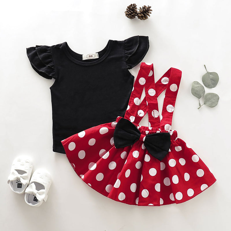 Toddler Girls Solid Color Fly Sleeve Top Bow Polka Dot Suspender Skirt - PrettyKid