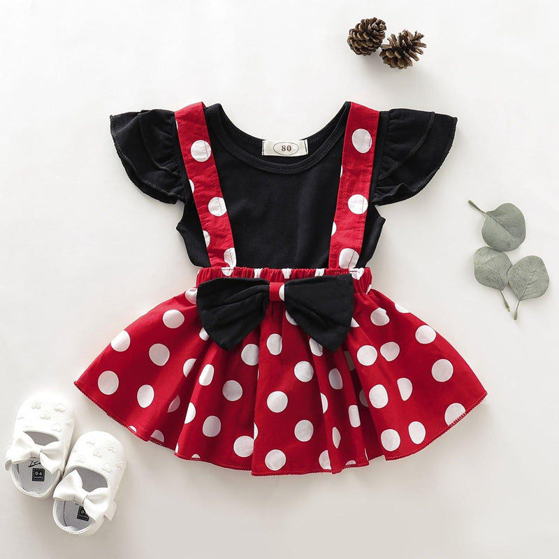 Toddler Girls Solid Color Fly Sleeve Top Bow Polka Dot Suspender Skirt - PrettyKid