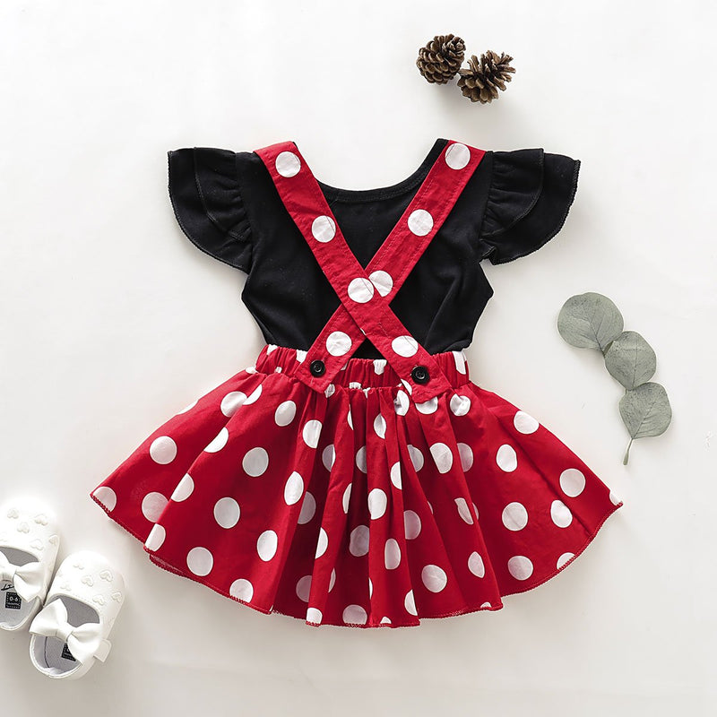 Toddler Girls Solid Color Fly Sleeve Top Bow Polka Dot Suspender Skirt - PrettyKid