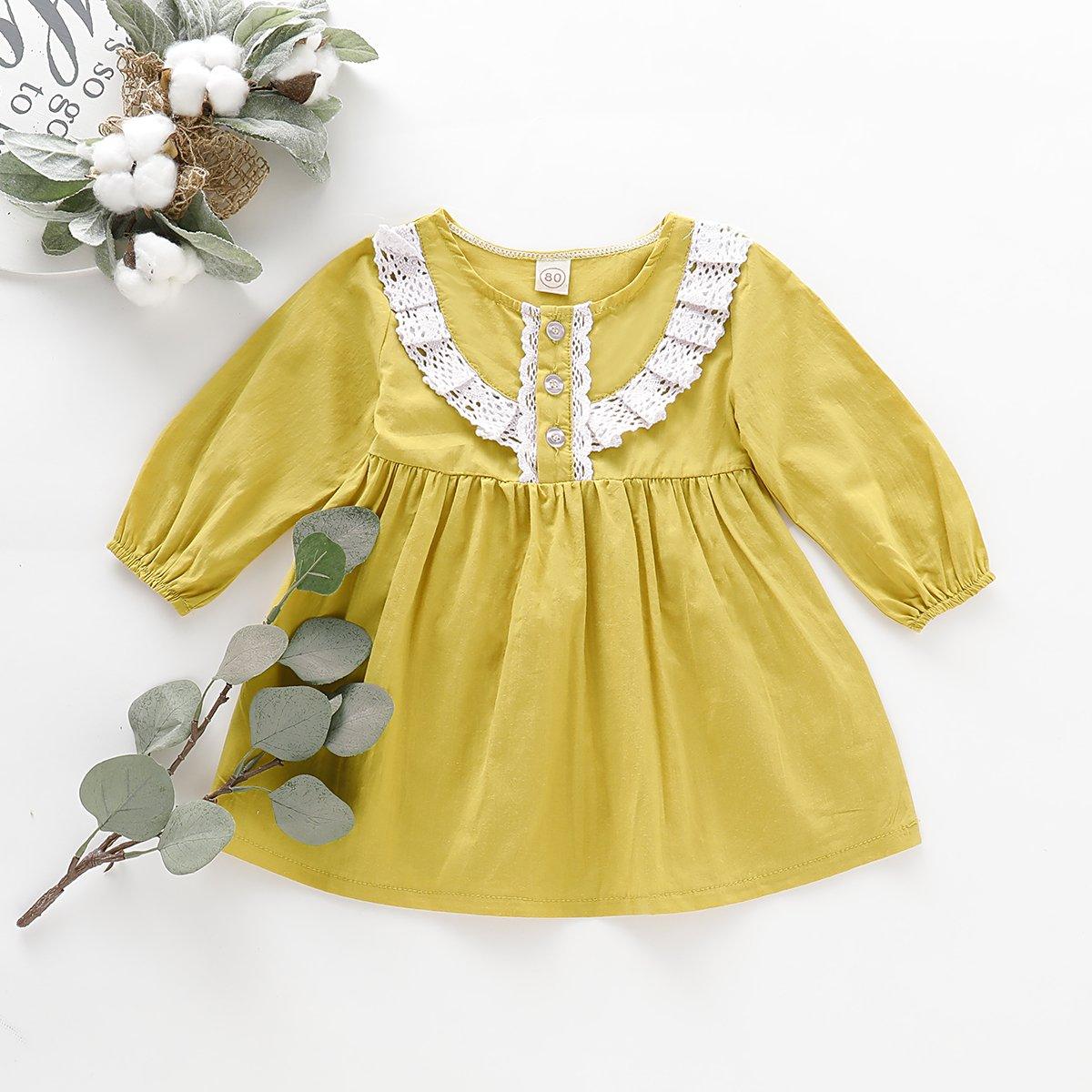 Toddler Girls Long Sleeve Solid Color Dress Round Neck Lace Dress - PrettyKid