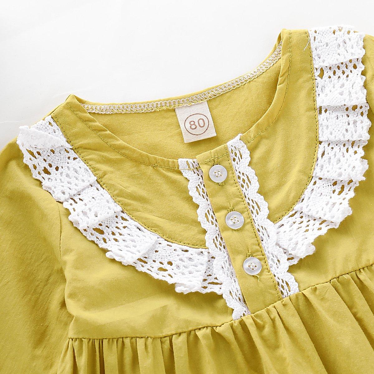 Toddler Girls Long Sleeve Solid Color Dress Round Neck Lace Dress - PrettyKid