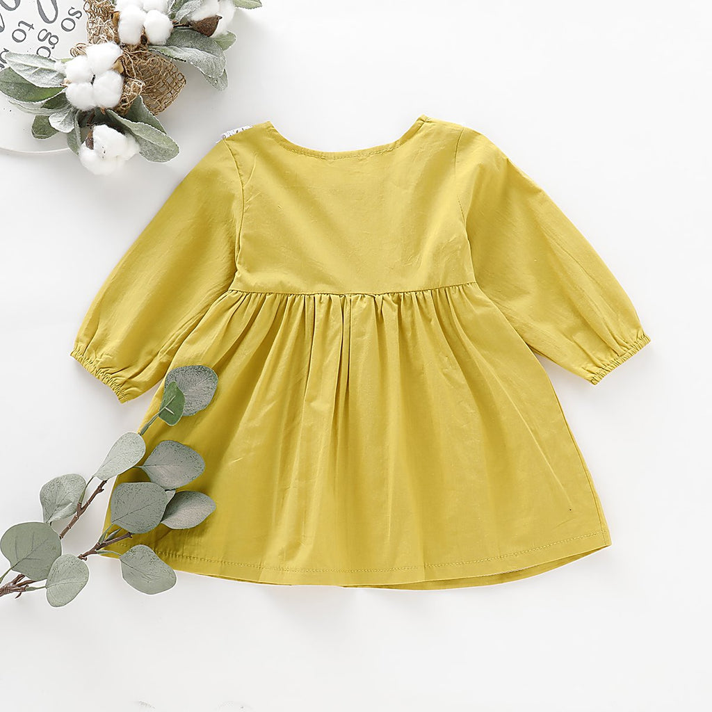 Toddler Girls Long Sleeve Solid Color Dress Round Neck Lace Dress - PrettyKid