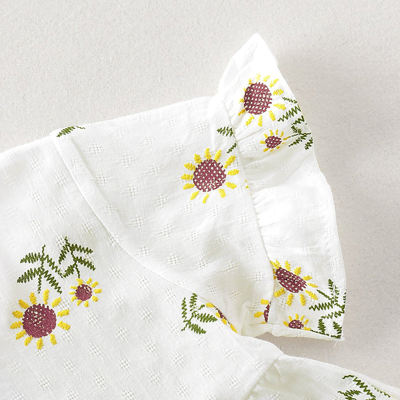 Toddler Girl Round Neck Sunflower Embroidered Skirt Flare Sleeve Dress - PrettyKid